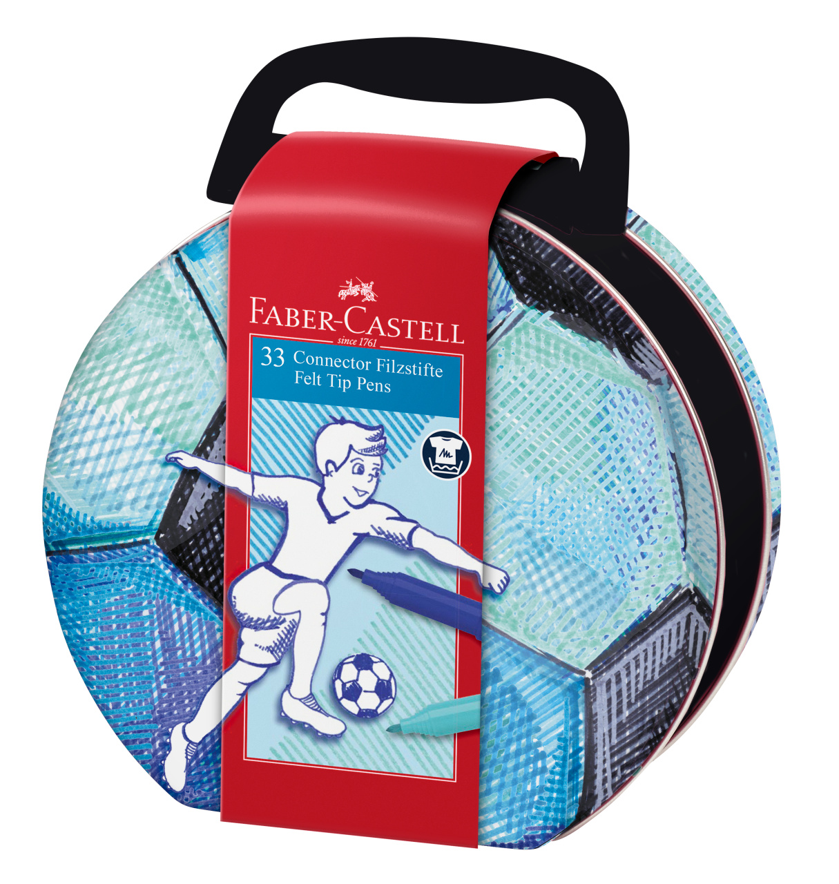 Caja metálica pelota de fútbol de 33 rotuladores Faber Castell