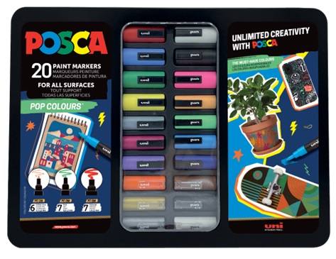 Caja metálica posca pop colours con 20 colores indispensables pc1m + pc3m + pc5m