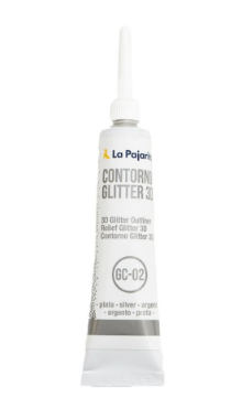 CONTORNO RELIEVE CON GLITTER PLATA, MULTISUPERFICIE. SOBRE TELA, FIJAR CON CALOR 20ML