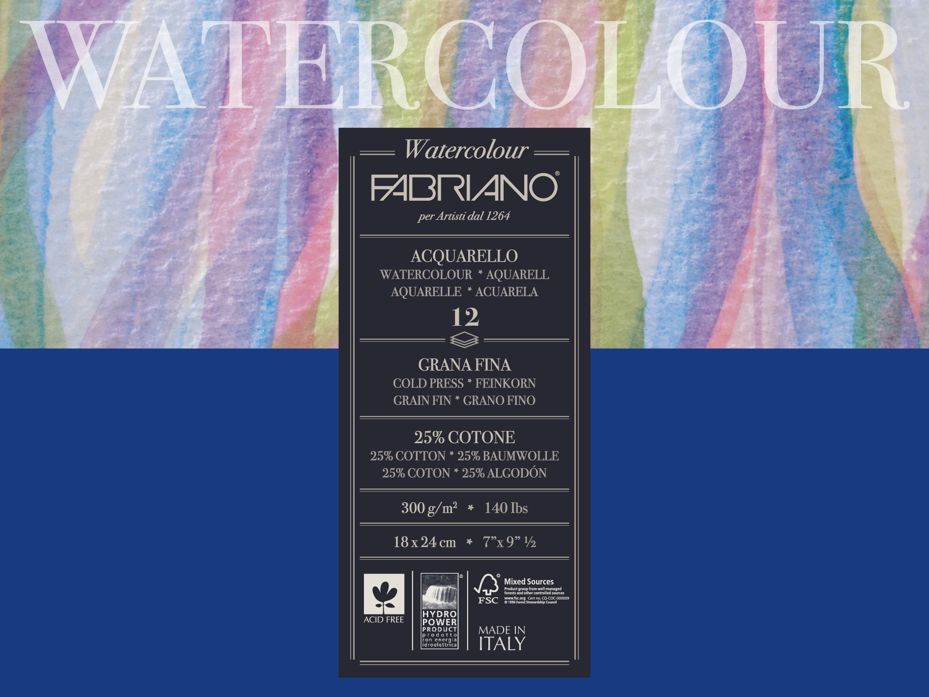 Bloc Fabriano Aquarello encolado 4l con 25% de algodón, 20 hojas grano fino 300g