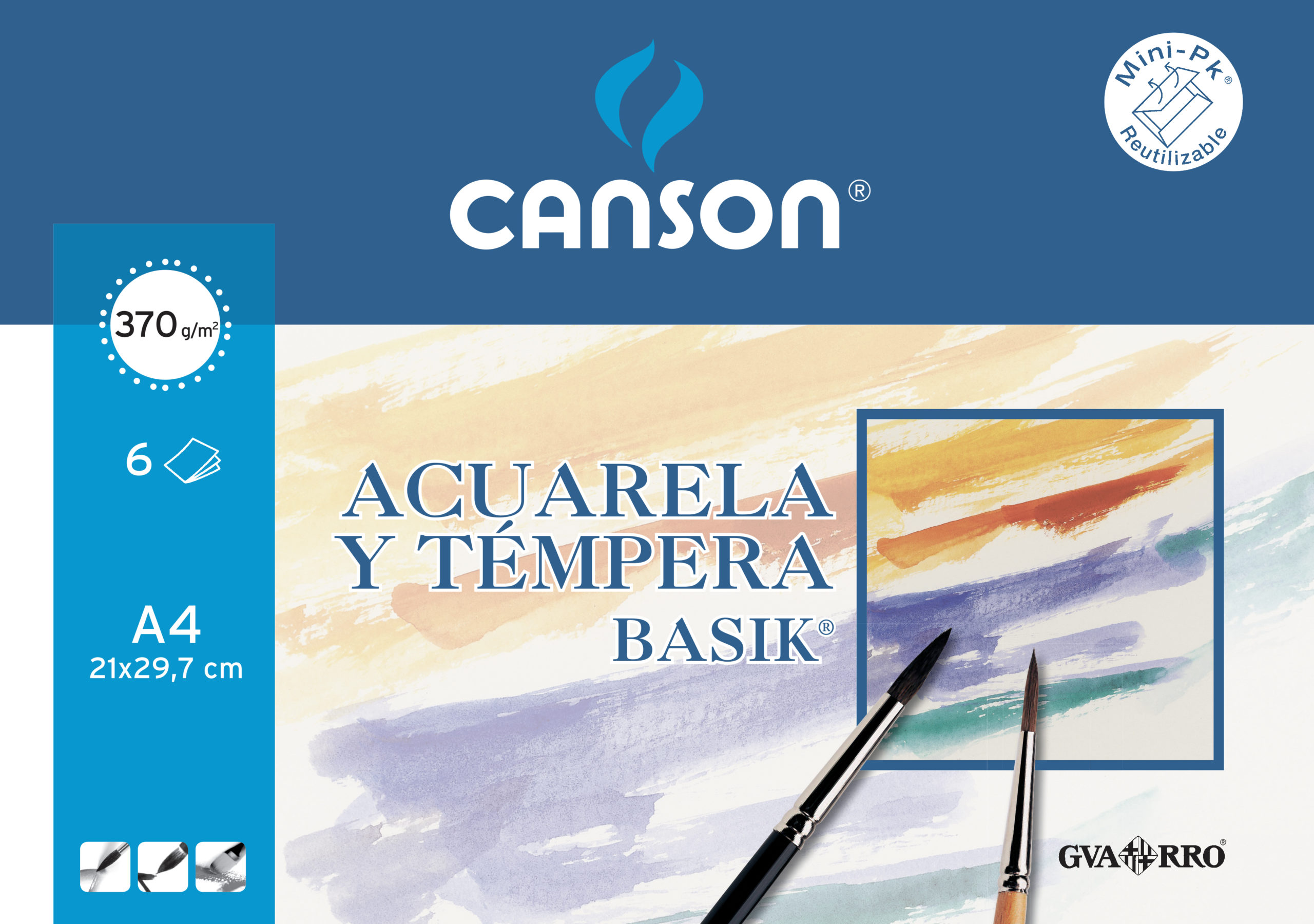 Mini pack con 6 hojas de papel basik 370g, ideal para acuarela y témpera