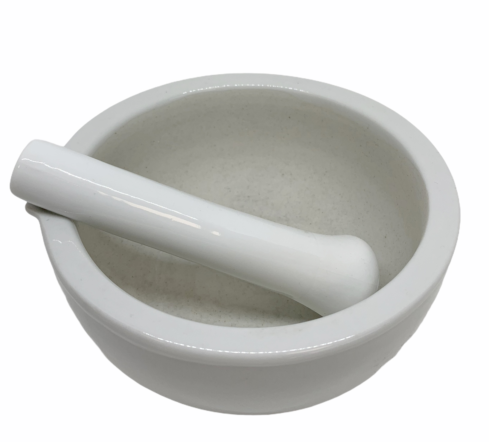 Mortero con maza de porcelana para moler pigmentos 14cm diametro 7cm altura