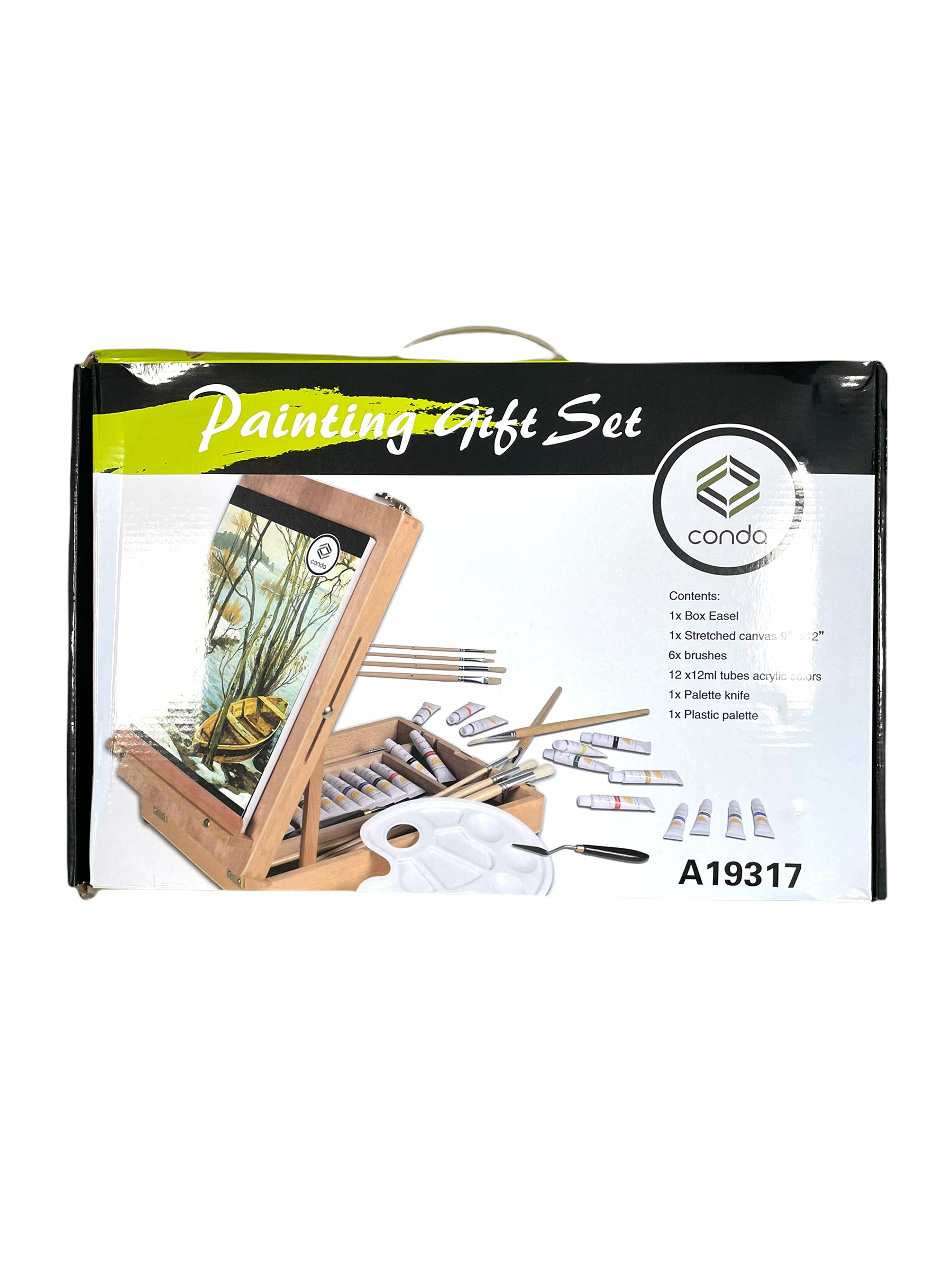 SET DE ACRÍLICO: CAJA CABALLETE SOBREMESA, UN LIENZO, 6 PINCELES, 12 TUBOS ACRÍLICO DE 12ML, 1 ESPÁTULA Y 1 PALETA DE PLÁSTICO