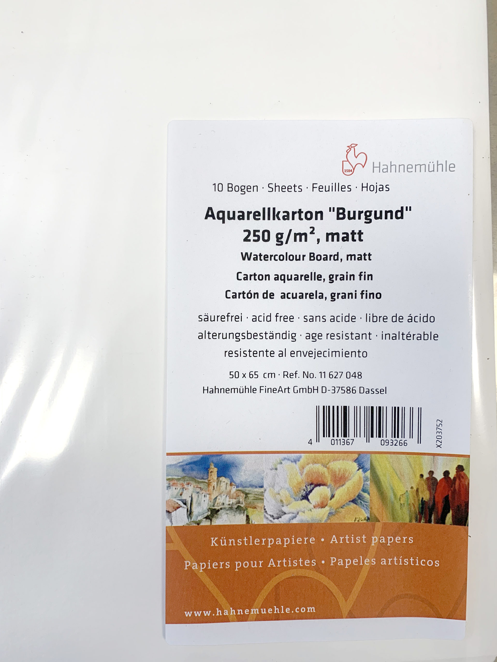 Pack de 10 hojas de papel acuarela «Burgund» de Hahnemuhle, 250g grano fino mate 50x65cm