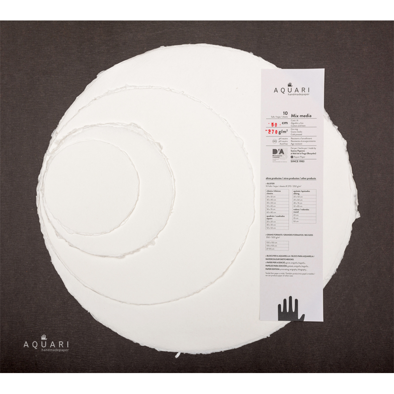 PAPEL HECHO A MANO AQUARI BLISTERS DE 10 HOJAS 350G GRANO MEDIO TODAS TÉCNICAS PH NEUTRO 50CM DIÁMETRO
