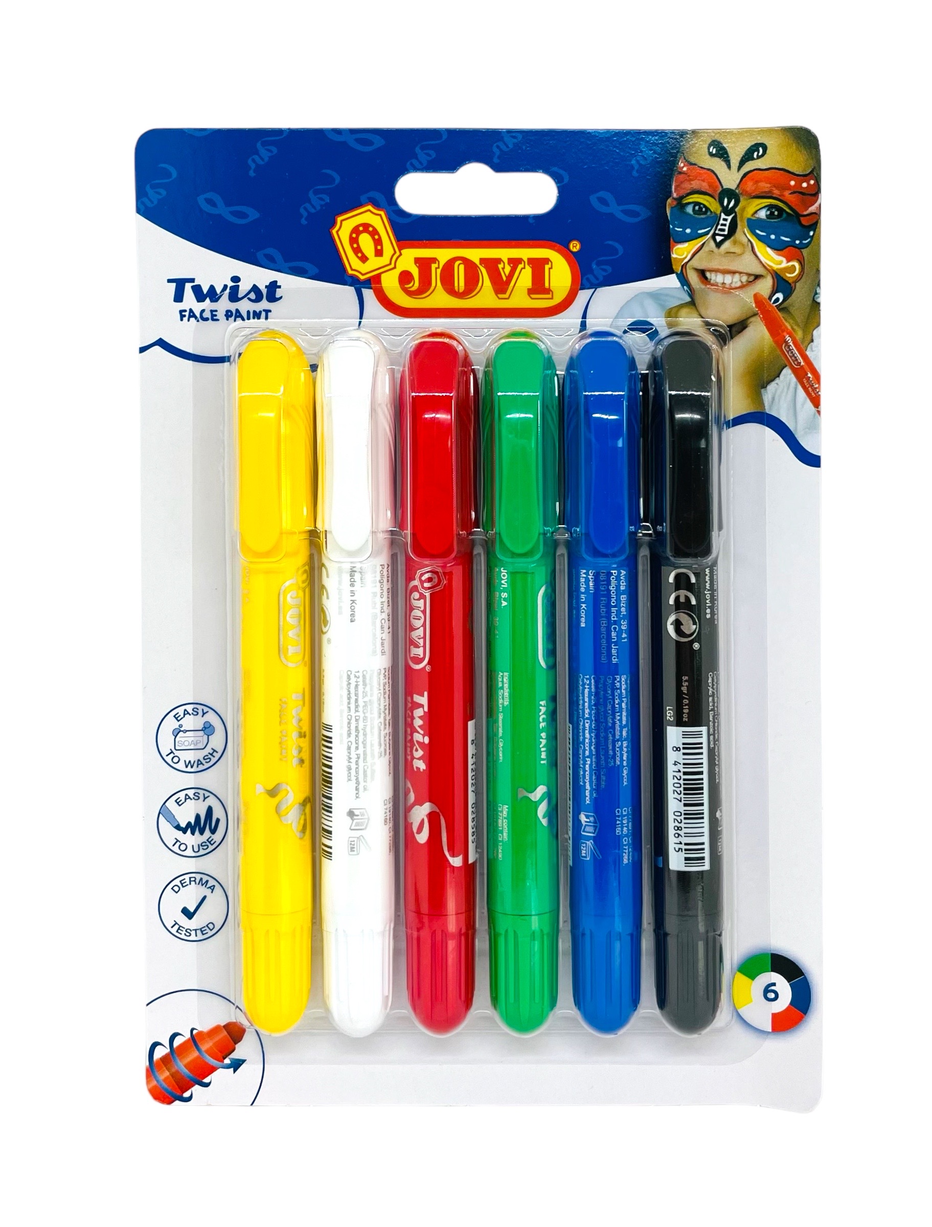 Pintura facial en stick de Jovi, 6 colores surtidos: Amarillo, blanco, rojo, verde, azul y negro. Artículo 191