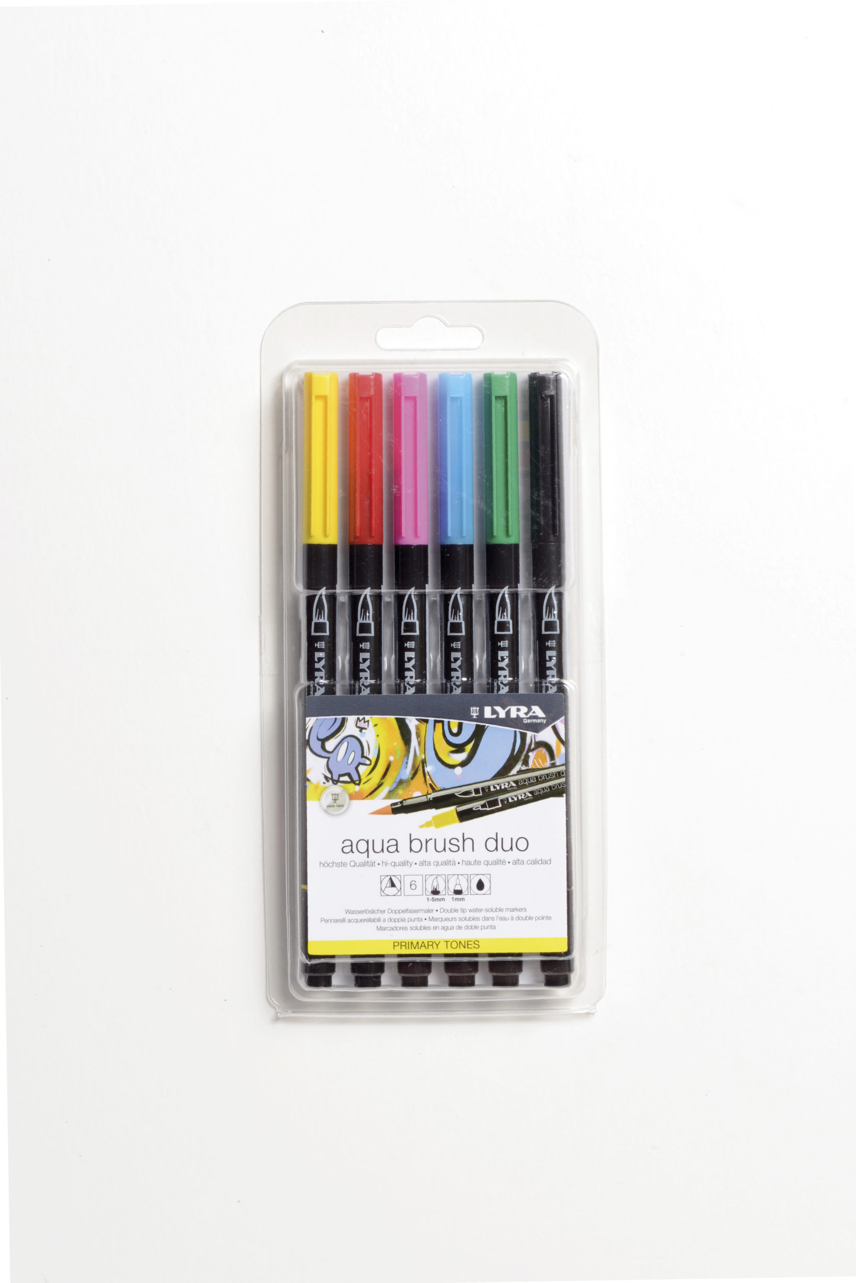 Set 6 rotuladores Lyra Aqua Brush Duo, marcadores solubles en agua de doble punta, alta calidad, tonos primarios