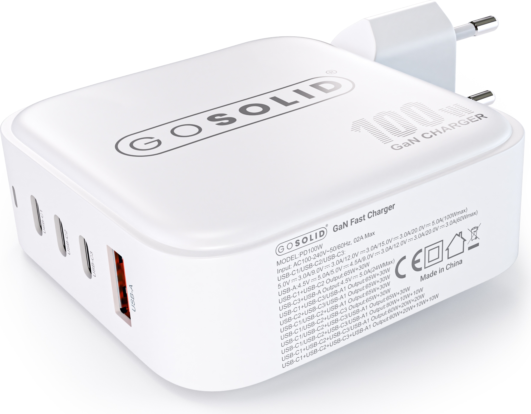 GO SOLID! Cargador rápido compatible con GaN2 100W (1x USB QC3.0, 3x USB-C PD3.0) - Imagen 4