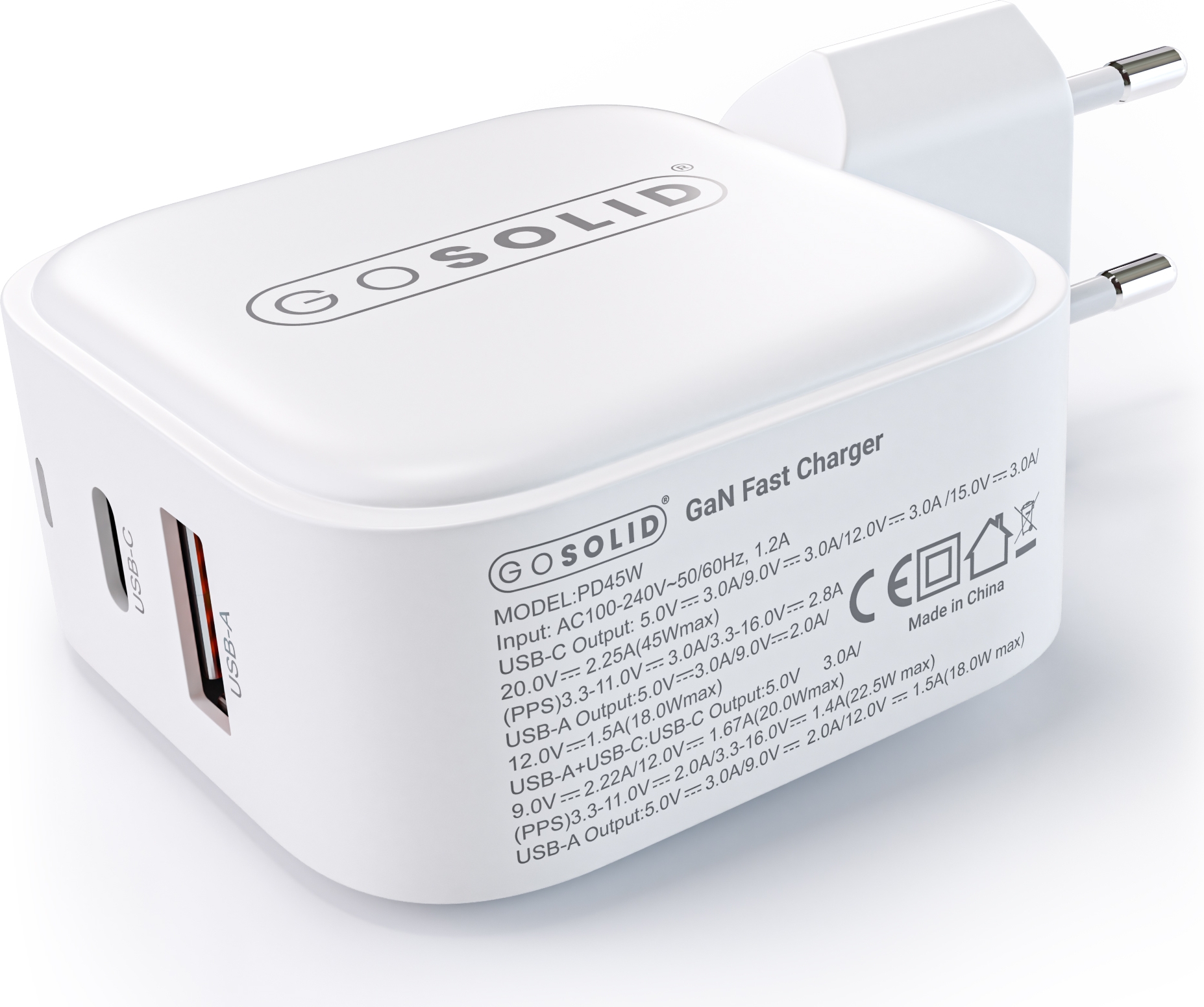 GO SOLID! Cargador rápido compatible con GaN2 45W (1x USB QC3.0, 1x USB-C PD3.0) - Imagen 3