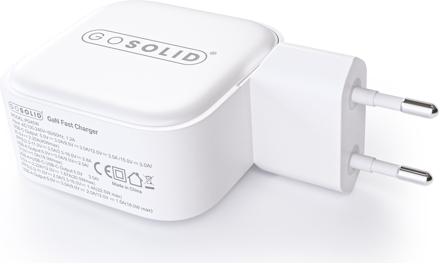 GO SOLID! Cargador rápido compatible con GaN2 45W (1x USB QC3.0, 1x USB-C PD3.0) - Imagen 4